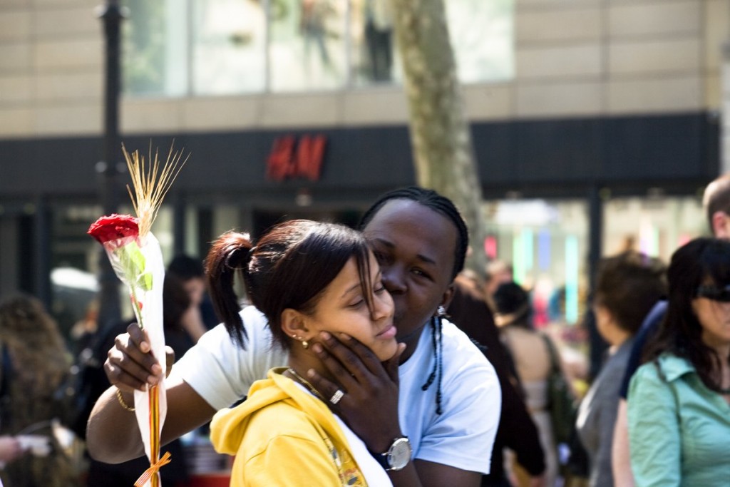 Foreign couple celebrating Sant Jordi